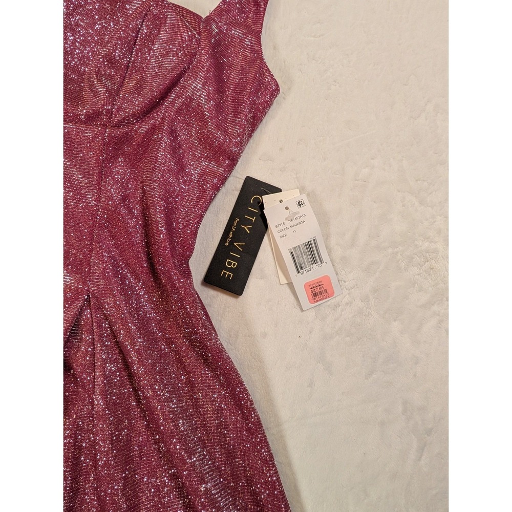 City Vibe Womens Junior Magenta Glitter Metallic Bow Flare Dress Size 11 Formal - Picture 9 of 11